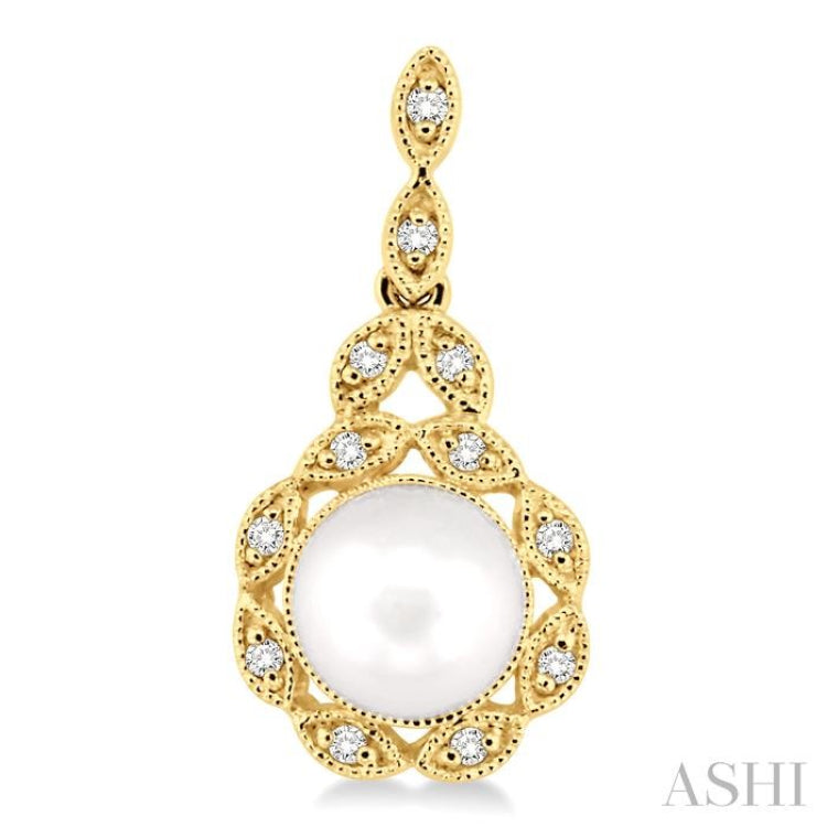 6X6 MM Round Shape Cultured Pearl and 1/8 ctw Cutwork Marquise Round Cut Diamond Fashion Earring in 14K Yellow Gold