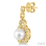 6X6 MM Round Shape Cultured Pearl and 1/8 ctw Cutwork Marquise Round Cut Diamond Fashion Earring in 14K Yellow Gold