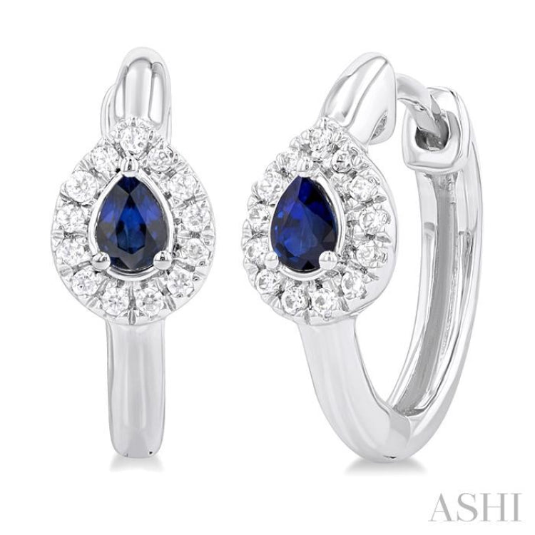 4X3 MM Pear Cut Sapphire and 1/10 ctw Petite Round Cut Halo Diamond Fashion Huggies in 10K White Gold