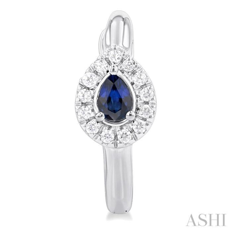 4X3 MM Pear Cut Sapphire and 1/10 ctw Petite Round Cut Halo Diamond Fashion Huggies in 10K White Gold