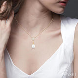 9X7 MM Drop Shape Cultured Pearl and 1/5 ctw Sunflower Round Cut Diamond Fashion Pendant With Chain in 14K Yellow Gold