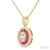 1.35 MM Oval Shape Ruby and 1/4 Ctw Baguette and Round Cut Diamond Precious Pendant With Chain in 14K Yellow Gold