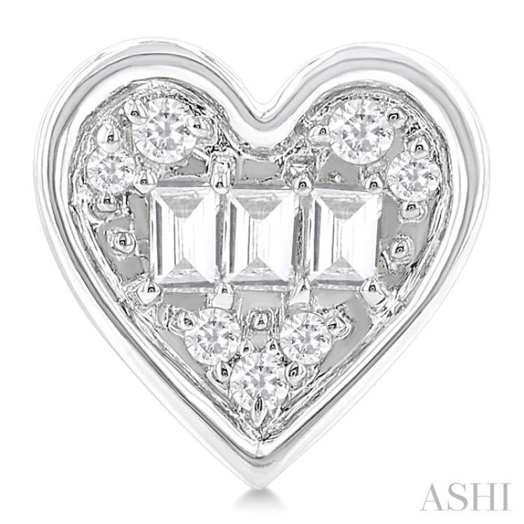 1/5 ctw Petite Bezel Set Heart Shape Fusion Baguette and Round Cut Diamond Fashion Stud Earring in 10K White Gold
