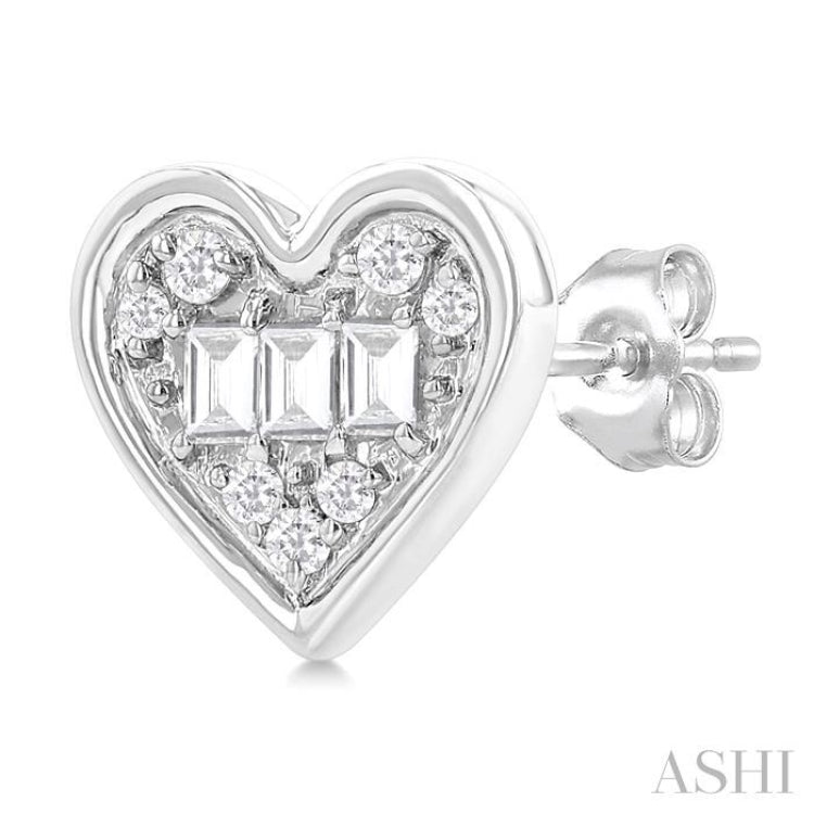 1/5 ctw Petite Bezel Set Heart Shape Fusion Baguette and Round Cut Diamond Fashion Stud Earring in 10K White Gold