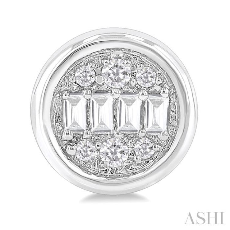 1/5 ctw Petite Bezel Set Round Shape Fusion Baguette and Round Cut Diamond Fashion Stud Earring in 10K White Gold