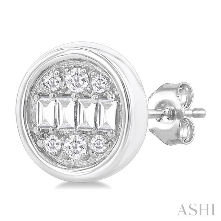 1/5 ctw Petite Bezel Set Round Shape Fusion Baguette and Round Cut Diamond Fashion Stud Earring in 10K White Gold