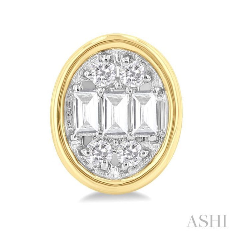 1/5 ctw Petite Bezel Set Oval Shape Fusion Baguette and Round Cut Diamond Fashion Stud Earring in 10K Yellow Gold