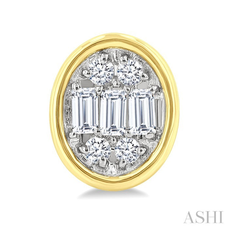 1/5 Ctw Petite Bezel Set Oval Shape Fusion Baguette and Round Cut Diamond Fashion Stud Earrings in 10K Yellow Gold