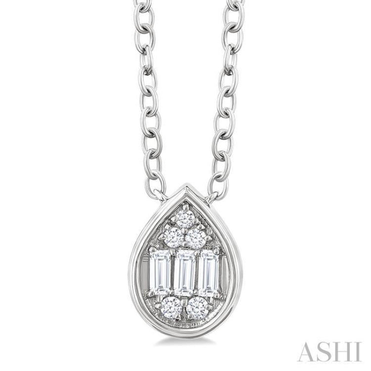 1/6 Ctw Petite Bezel Set Pear Shape Fusion Baguette and Round Cut Diamond Fashion Pendant With Chain in 10K White Gold