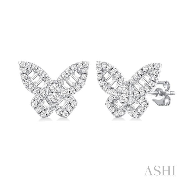 1/2 ctw Butterfly Petite Baguette and Round Cut Diamond Fashion Stud Earring in 14K White Gold