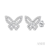 1/2 ctw Butterfly Petite Baguette and Round Cut Diamond Fashion Stud Earring in 14K White Gold