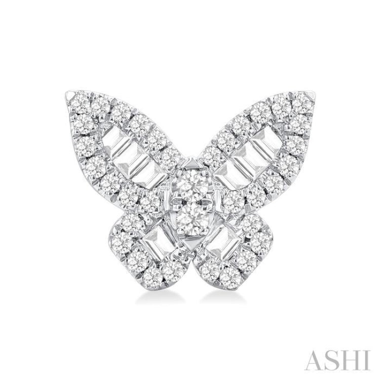 1/2 ctw Butterfly Petite Baguette and Round Cut Diamond Fashion Stud Earring in 14K White Gold