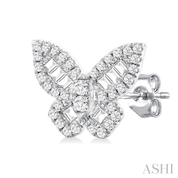 1/2 ctw Butterfly Petite Baguette and Round Cut Diamond Fashion Stud Earring in 14K White Gold