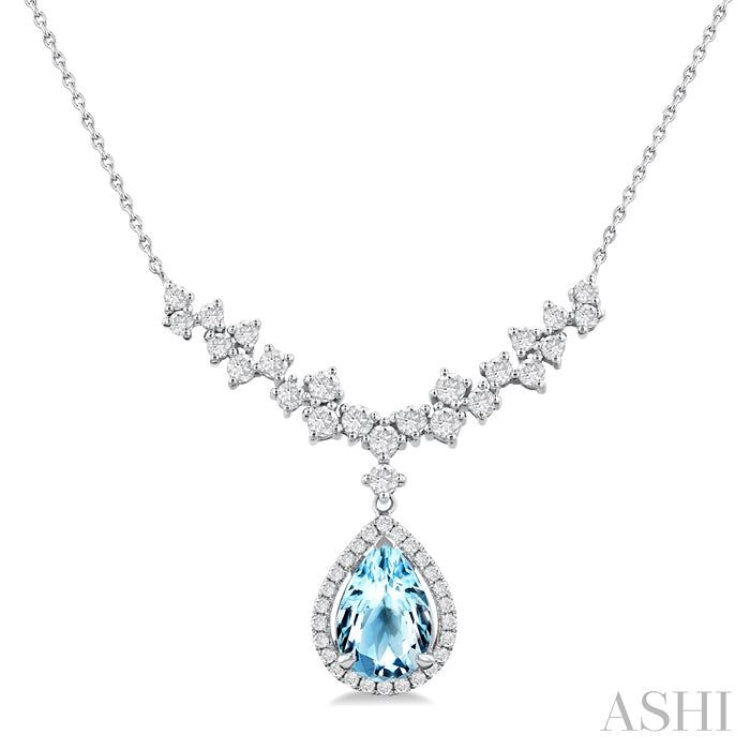 9x6 MM Pear Cut Aquamarine and 3/4 ctw Round Cut Diamond Semi Precious Necklace in 14K White Gold