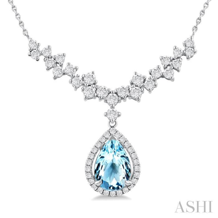 9x6 MM Pear Cut Aquamarine and 3/4 ctw Round Cut Diamond Semi Precious Necklace in 14K White Gold