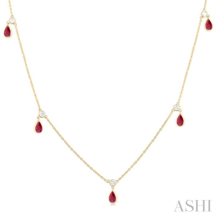 5x3 MM Pear Shape Ruby and 1/8 ctw Round Cut Diamonds Precious Station Necklace in 10K Yellow Gold