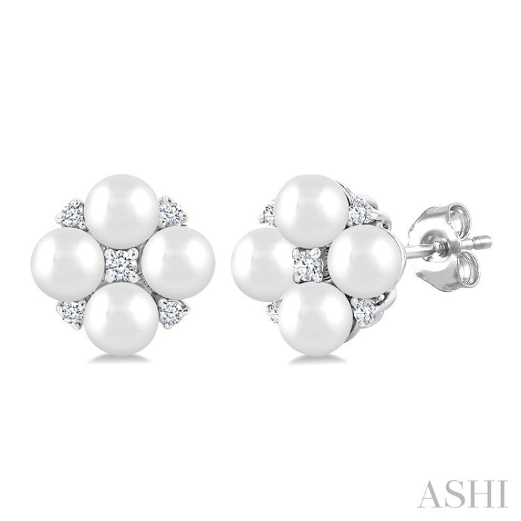 3 MM Floral Round Shape Cultured Pearl and 1/20 Ctw Round Cut Diamond Fashion Stud Earrings in 10K White Gold