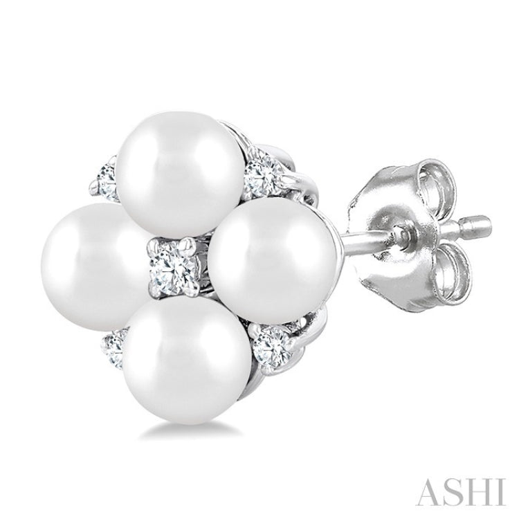 3 MM Floral Round Shape Cultured Pearl and 1/20 Ctw Round Cut Diamond Fashion Stud Earrings in 10K White Gold
