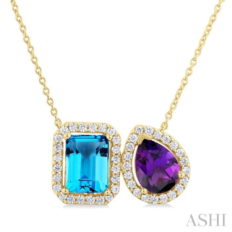 8X6 MM Emerald Cut Blue Topaz and Pear Cut Amethyst and 1/3 ctw Toi Et Moi Round Cut Diamond Semi Precious Fashion Pendant With Chain 14K Yellow Gold