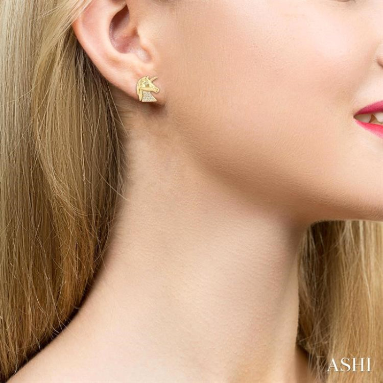 1/10 ctw Petite Unicorn Round Cut Diamond Cut Fashion Stud Earring in 10K Yellow Gold
