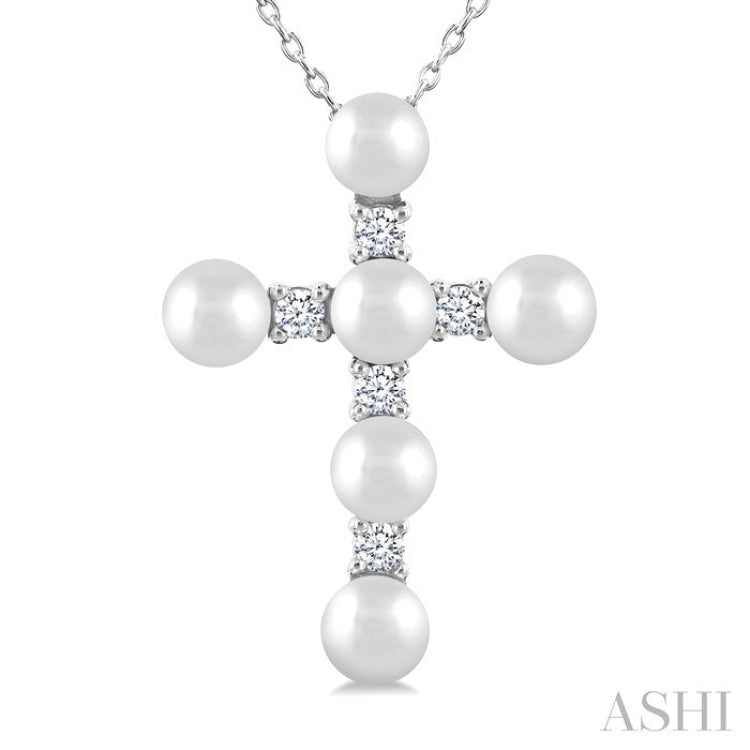 4 MM Cross Cultured Pearl and 1/6 Ctw Round Cut Diamond Fashion Pendant With Chain in 10K White Gold