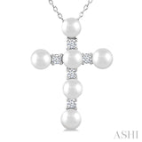 4 MM Cross Cultured Pearl and 1/6 Ctw Round Cut Diamond Fashion Pendant With Chain in 10K White Gold