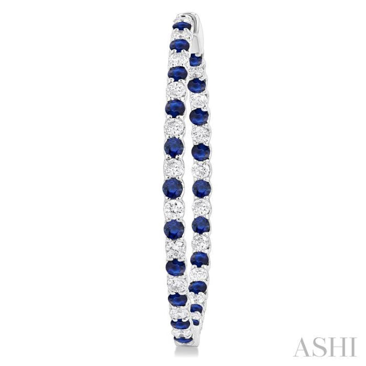 2.5 MM Round Cut Sapphire and 2 1/2 ctw Round Cut Diamond Precious Inside-Out Alternating Hoop Earrings in 14K White Gold