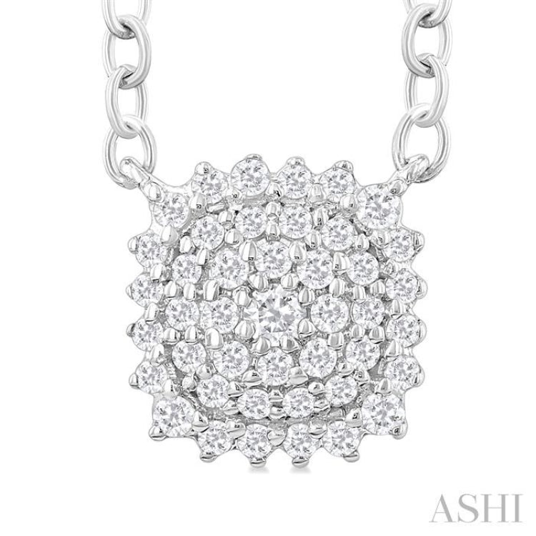 1/6 ctw Petite Cushion Shape Round Cut Diamond Cluster Fashion Pendant With Chain in 10K White Gold