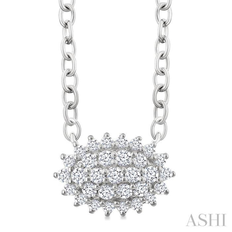 1/6 Ctw Petite East-West Set Oval Shape Round Cut Diamond Cluster Fashion Pendant With Chain in 10K White Gold