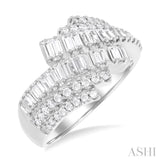 1 ctw Triple Row Bypass Fusion Baguette and Round Cut Diamond Fashion Ring in 14K White Gold