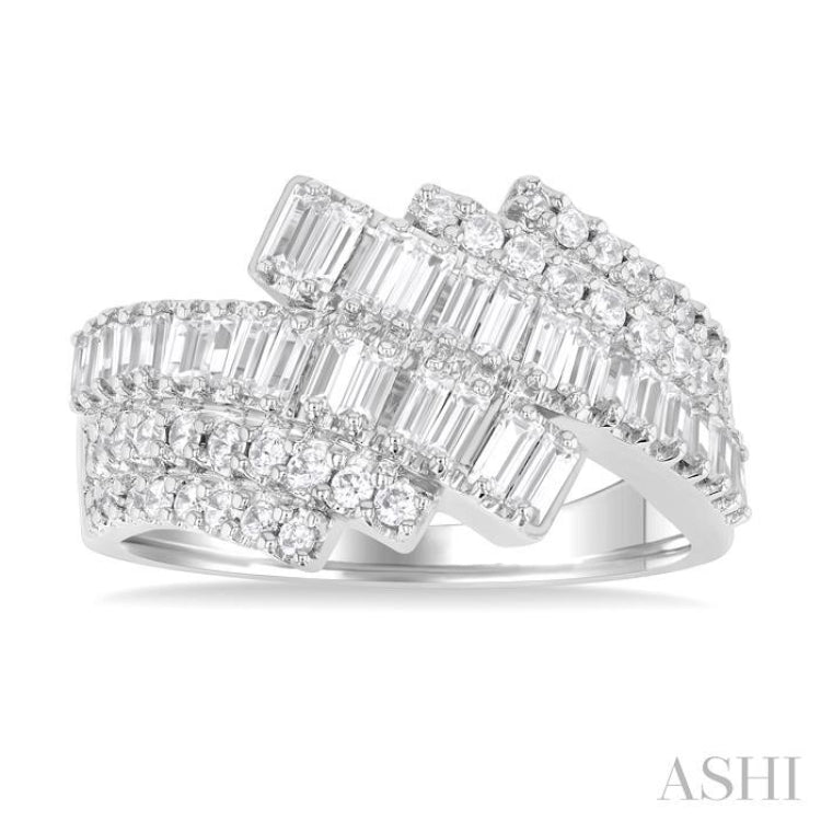 1 ctw Triple Row Bypass Fusion Baguette and Round Cut Diamond Fashion Ring in 14K White Gold