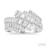 1 ctw Triple Row Bypass Fusion Baguette and Round Cut Diamond Fashion Ring in 14K White Gold