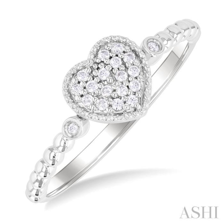1/8 ctw Petite Bead Shank Heart Motif Round Cut Diamond Fashion Ring in 10K White Gold