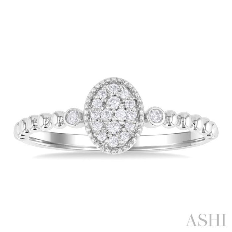 1/8 ctw Petite Bead Shank Oval Center Round Cut Diamond Fashion Ring in 10K White Gold