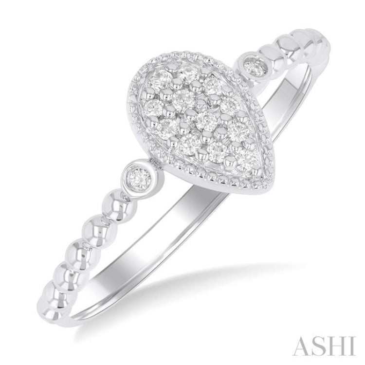 1/8 ctw Petite Bead Shank Pear Shape Center Round Cut Diamond Fashion Ring in 10K White Gold