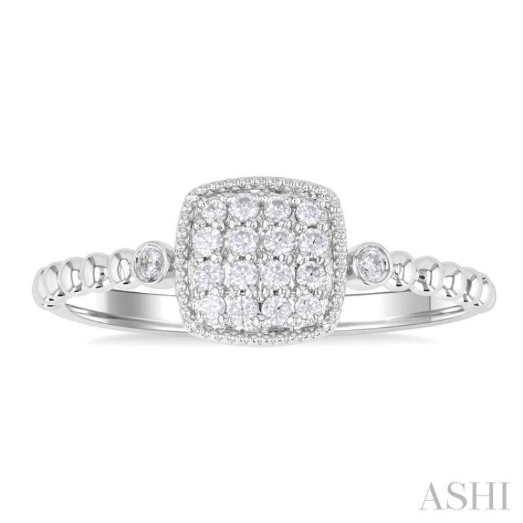 1/8 ctw Petite Bead Shank Cushion Shape Center Round Cut Diamond Fashion Ring in 10K White Gold