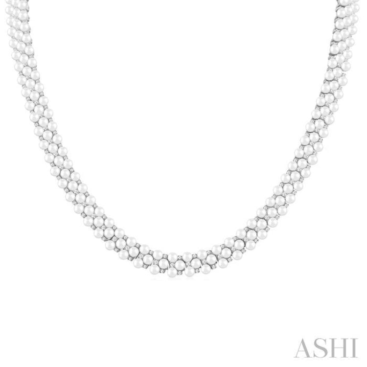 3 MM Round Shape Cultured Pearl and 2 1/5 ctw Triple Row Round Cut Diamond Fashion Necklace in 14K White Gold
