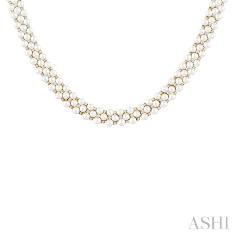 3 MM Round Shape Cultured Pearl and 2 1/5 ctw Triple Row Round Cut Diamond Fashion Necklace in 14K Yellow Gold