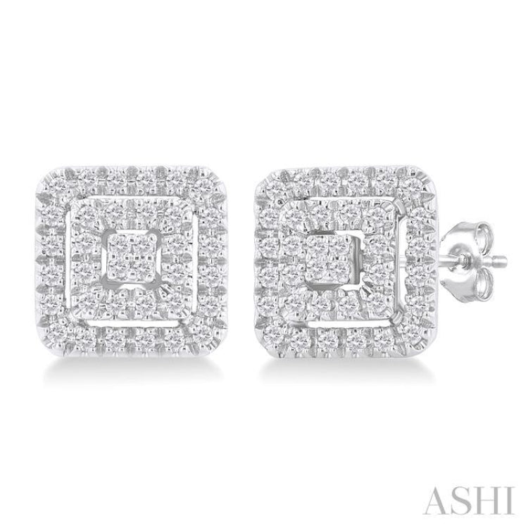 1/5 Ctw Double Halo Square Shape Petite Round Cut Diamond Fashion Stud Earrings in 10K White Gold