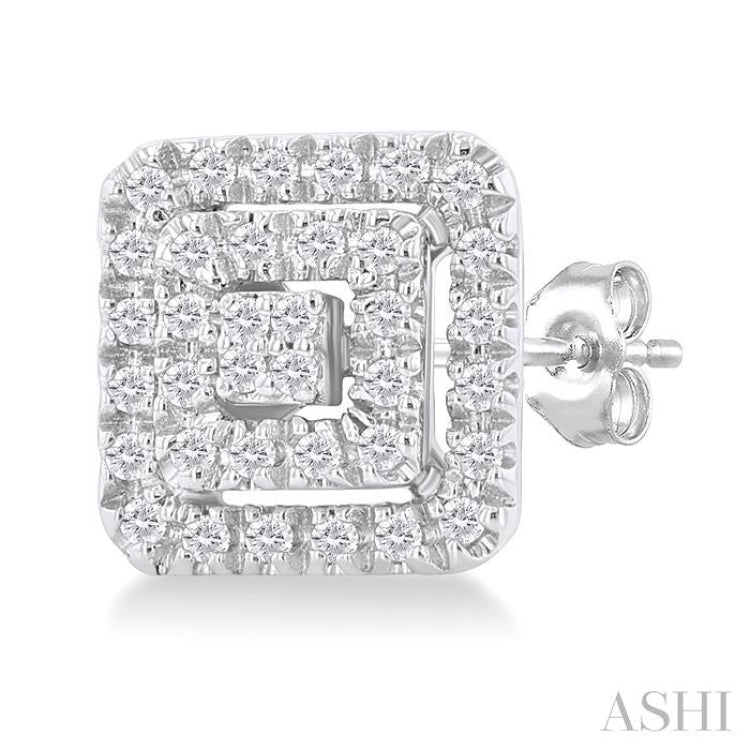 1/5 ctw Double Halo Square Shape Petite Round Cut Diamond Fashion Stud Earring in 10K White Gold