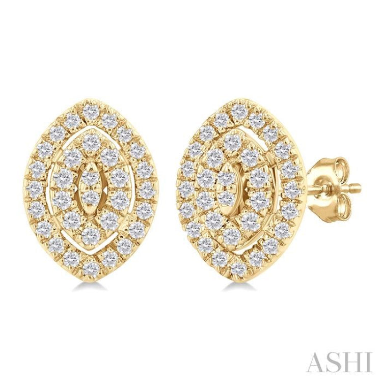 1/5 ctw Double Halo Marquise Shape Petite Round Cut Diamond Fashion Stud Earring in 10K Yellow Gold