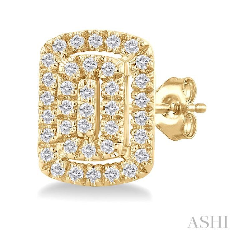 1/5 ctw Double Halo Emerald Shape Petite Round Cut Diamond Fashion Stud Earring in 10K Yellow Gold