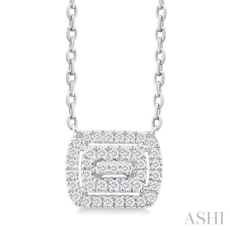 1/6 ctw Double Halo Emerald Shape Petite Round Cut Diamond Fashion Pendant With Chain in 10K White Gold