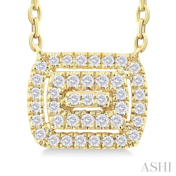 1/6 ctw Double Halo Emerald Shape Petite Round Cut Diamond Fashion Pendant With Chain in 10K Yellow Gold