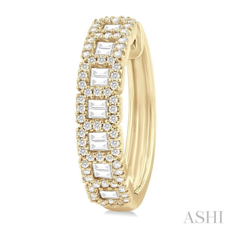 1 ctw Fusion Baguette and Round Cut Diamond Fashion Hoop Earring in 14K Yellow Gold