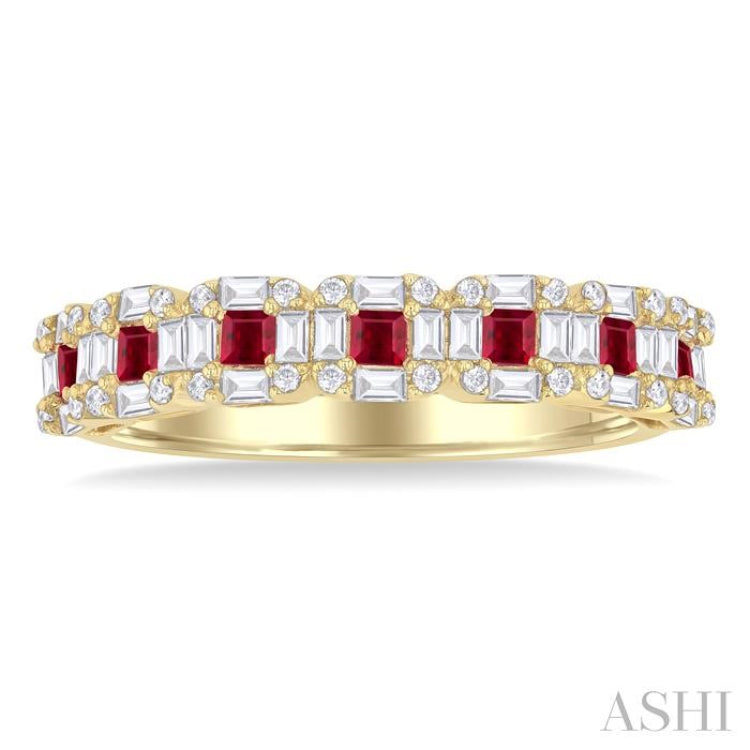 2.00 MM Princess Cut Ruby and 1/2 ctw Baguette & Round Cut Diamond Precious Ring in 14K Yellow Gold