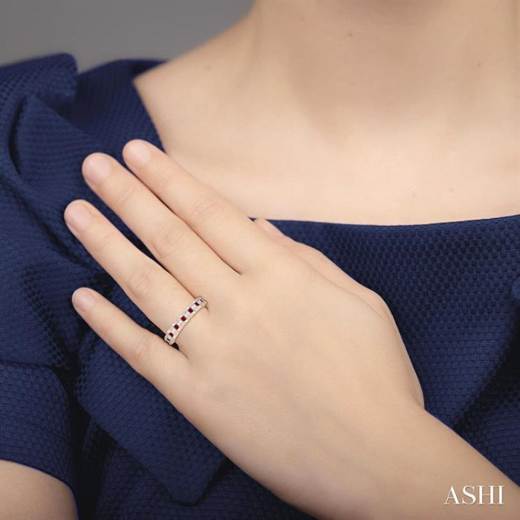 2.00 MM Princess Cut Ruby and 1/2 ctw Baguette & Round Cut Diamond Precious Ring in 14K Yellow Gold