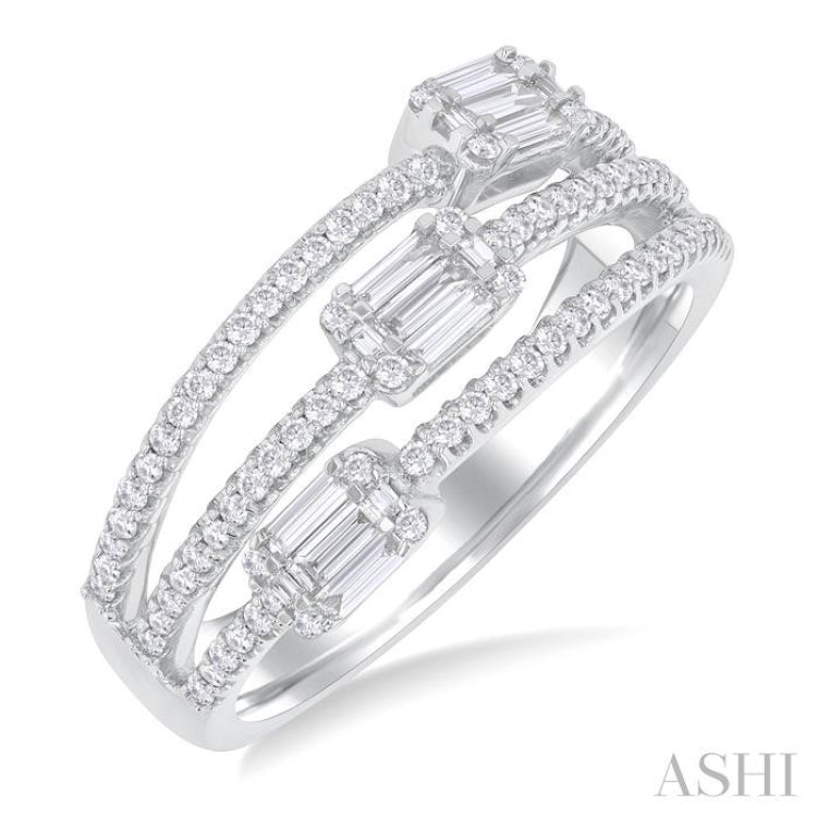 5/8 ctw Split Three-Row Baguette and Round Cut Diamond Fashion Ring in 14K White Gold
