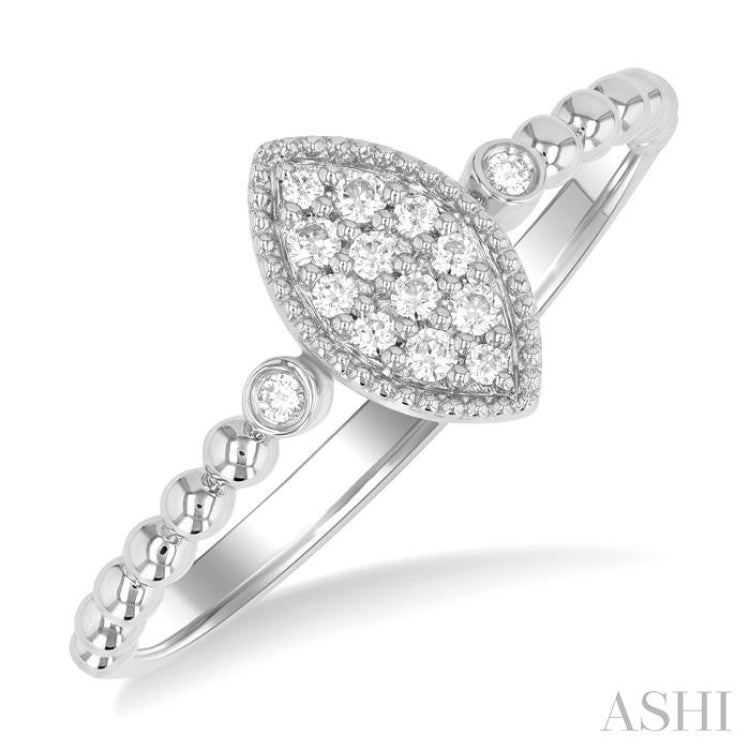 1/8 ctw Petite Bead Shank Marquise Shape Center Round Cut Diamond Fashion Ring in 10K White Gold