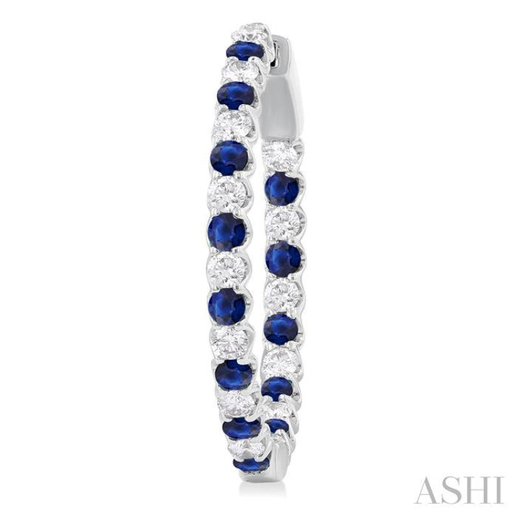2.1 MM Round Sapphire and 1 ctw Round Cut Diamond Inside & Outside Alternating Precious Hoop Earrings in 14K White Gold